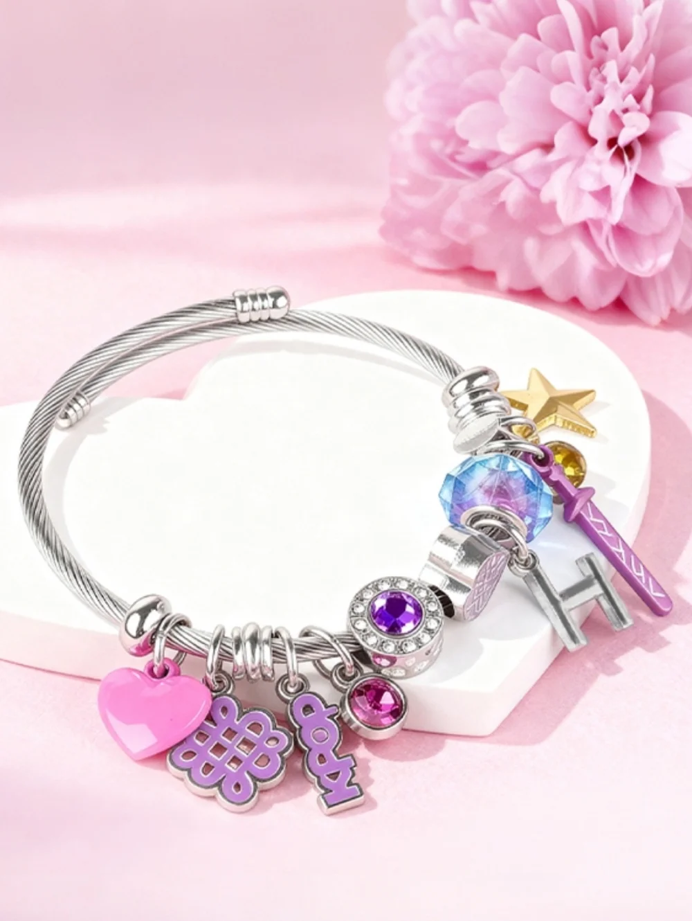 💜K-Pop Demon Hunters Themed Charm Bracelet in Purple Pink Silver